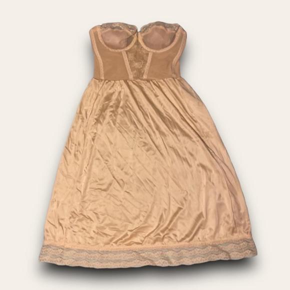 Vintage Other - Vintage 1970s Young Smoothie Nude Bustier Slip Dress Strapless Satin Mesh Detail